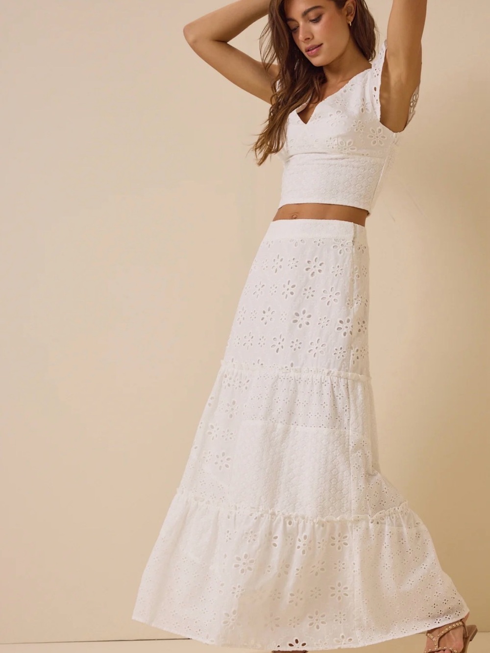 Altar'd State White Eyelet Tiered Maxi Skirt Set